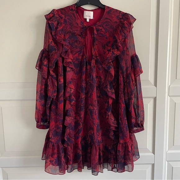 New! Cinq a Sept Livie Dark Red Print Tie Neck Ruffled Mini Dress 20722 - Picture 2 of 10